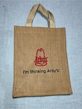 EUC Arby's Jute Tote Bag with Red Logo - “I’m Thinking Arby’s”